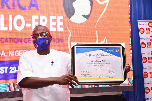 Rotary Awards Sir Offor at Africa Polio Free Certification Celebration